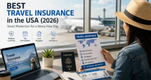 Best Travel Insurance in the USA for 2026 traveler reviewing passport and travel insurance documents at airport