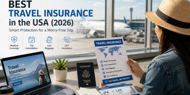 Best Travel Insurance in the USA for 2026 traveler reviewing passport and travel insurance documents at airport