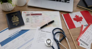 Canada work visa insurance with passport, work permit documents, travel insurance certificate, and medical checklist