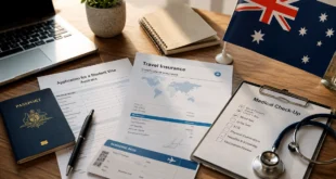 Australia visa insurance with passport, visa documents, travel insurance certificate, and medical checklist