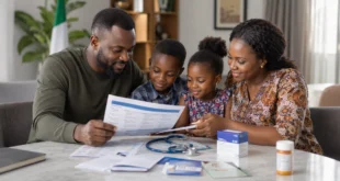 Health insurance for Nigerian families with HMO documents, child health record, and family healthcare checklist