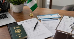 Travel insurance for Nigerians applying for a visa with passport, insurance certificate, and travel documents