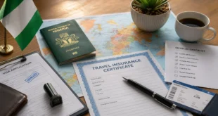 International travel insurance for Nigerian travellers with passport, visa documents, insurance certificate, and medical checklist
