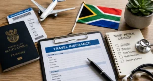 Travel insurance for South Africa visa applicants with passport, boarding pass, insurance document, and medical checklist