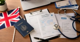 UK visa health insurance with passport, visa documents, travel health insurance certificate, and medical checklist
