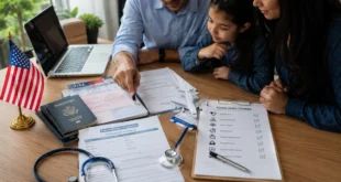 USA family visa insurance with passports, visitor visa documents, travel medical insurance certificate, and family health checklist