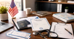 Family travel insurance with passports, international insurance certificate, family health checklist, and boarding passes